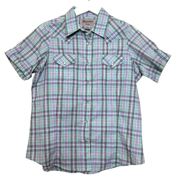 Wrangler Wrancher Plaid Button Down Greae Purple SS Western Shirt Women's SIze M - Picture 1 of 10